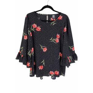 Bobeau Small Black Tulip Floral Polka Dot Bell Sleeve Boho Romantic Blouse